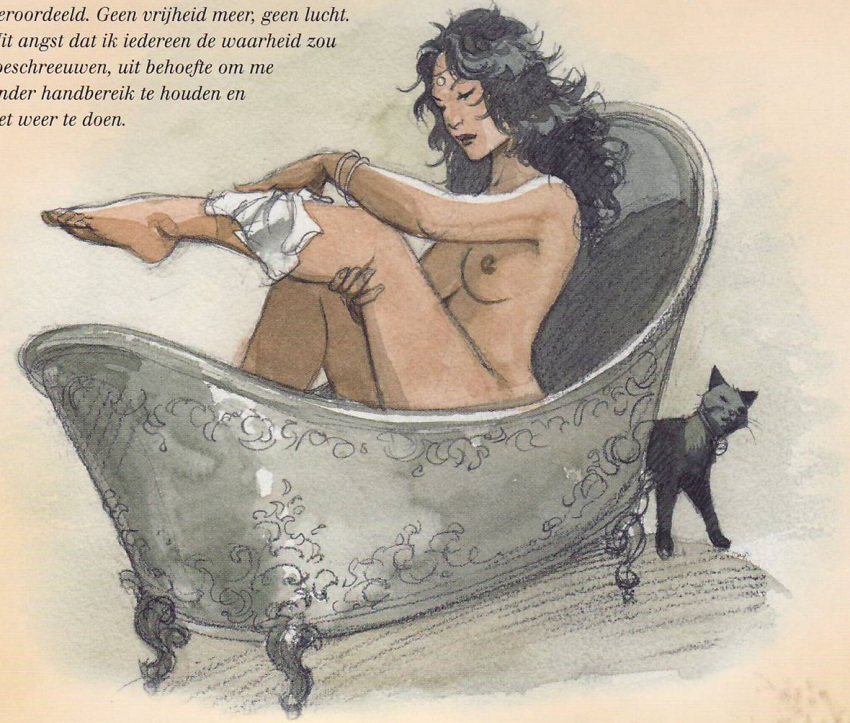 bath black_fur black_hair breasts casual_nudity cat dutch_text enrico_marini female feral gypsy human le_scorpion mejaï nonsexual_nudity nude sitting tan_skin washing washing_self