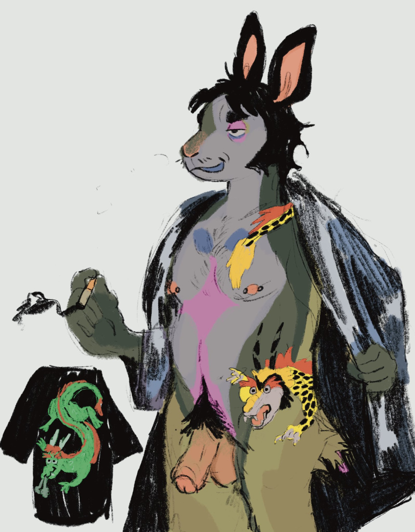 2022 anthro belly belly_markings biped black_clothing black_ears black_eyebrows black_hair black_shirt black_t-shirt black_topwear blue_markings blue_tongue chest_markings cigarette clothing dragon eastern_dragon eyebrows fur genitals glans green_body green_fur grey_body grey_fur hair hi_res holding_cigarette holding_object humanoid_genitalia humanoid_hands humanoid_penis lagomorph leporid male mammal markings multicolored_body multicolored_fur nipple_piercing nipples open_mouth open_smile penis piercing pink_balls pink_glans pink_inner_ear pink_markings pink_nipples pink_penis portrait rabbit shakespeare_(videonastyz) shirt simple_background smile smoke solo standing t-shirt tattoo three-quarter_portrait three-quarter_view tongue topwear videonastyz white_background