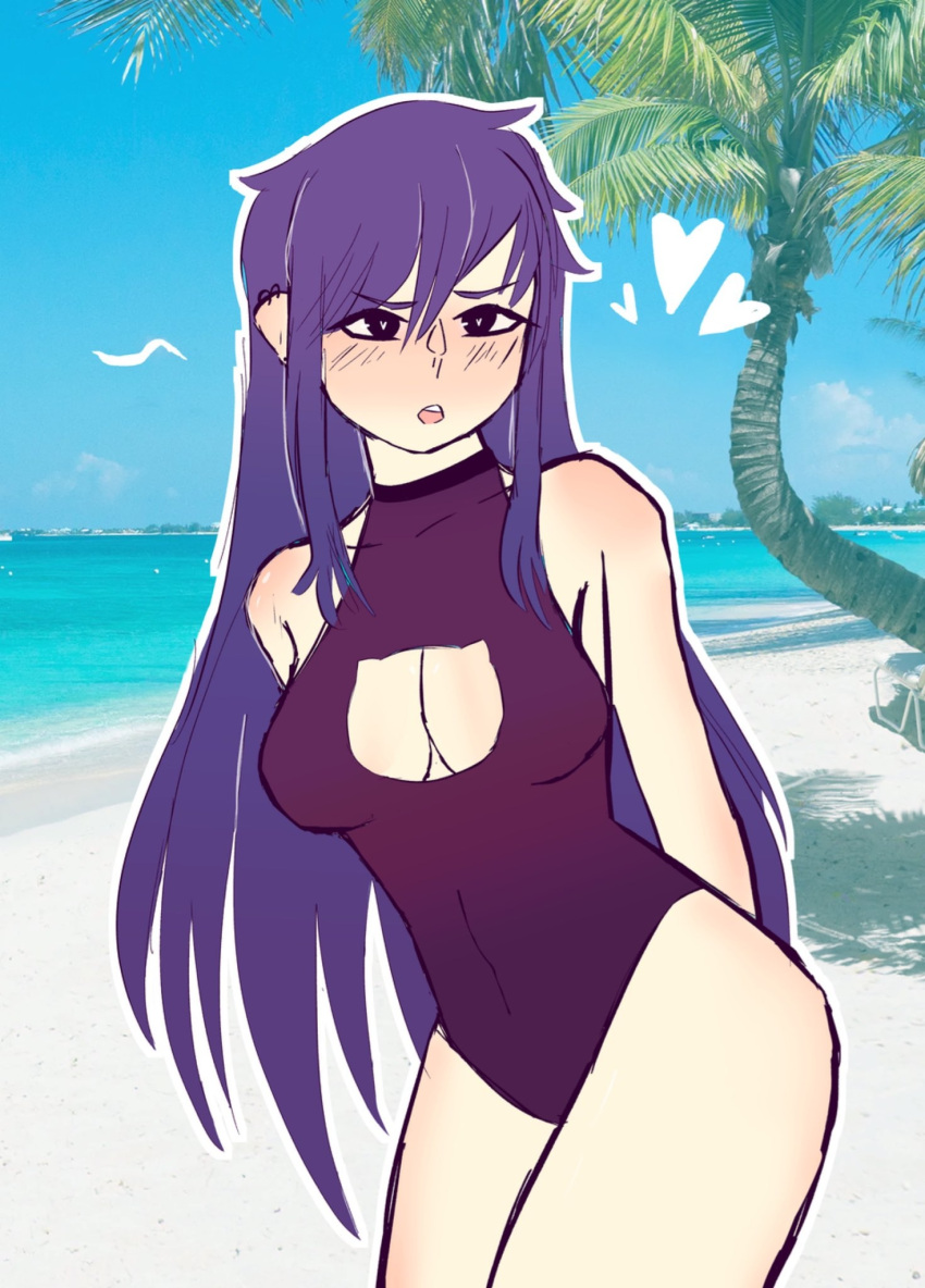 breasts cleavage cleavage_cutout doki_doki_literature_club female female_only iciasone long_hair purple_hair swimsuit yuri_(doki_doki_literature_club)