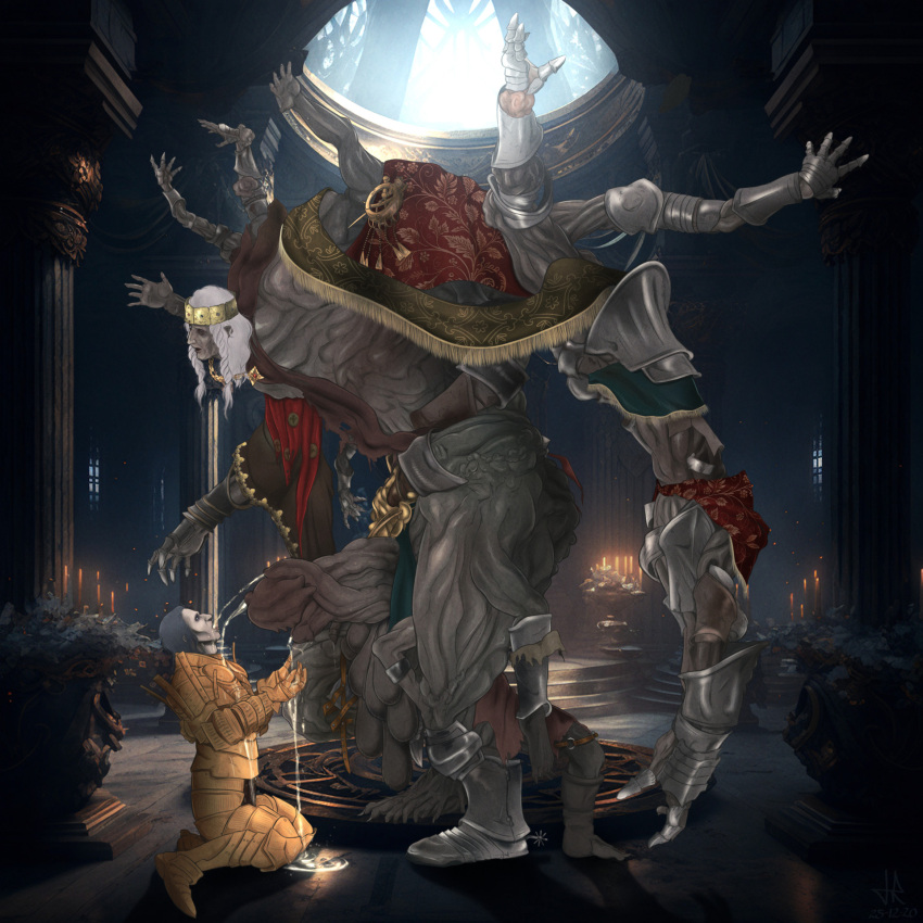 2boys armor balls body_horror crossover crown dark_souls elden_ring erection fromsoftware full_body gay godrick_the_grafted golden_shower helmet_removed horror kneeling knight knight_lautrec_of_carim male male_only marukanitel monster monster_cock multi_arm multi_balls multi_genitalia multi_leg multi_limb multi_penis peeing penis piss_drinking pissing_in_mouth tetraphallia urination urine watersports worship yaoi