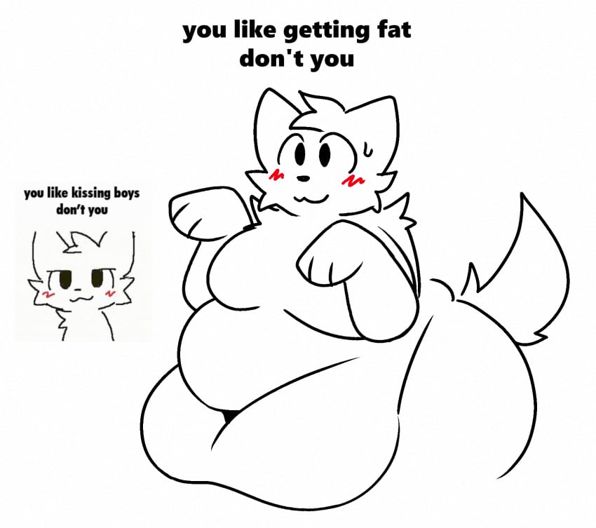 belly_button big_hips blush blushysnoots_(artist) boykisser boykisser_(meme) english_text fat fatfur feline furry hands_up mauzymice moobs silly_cat_(mauzymice) tail text