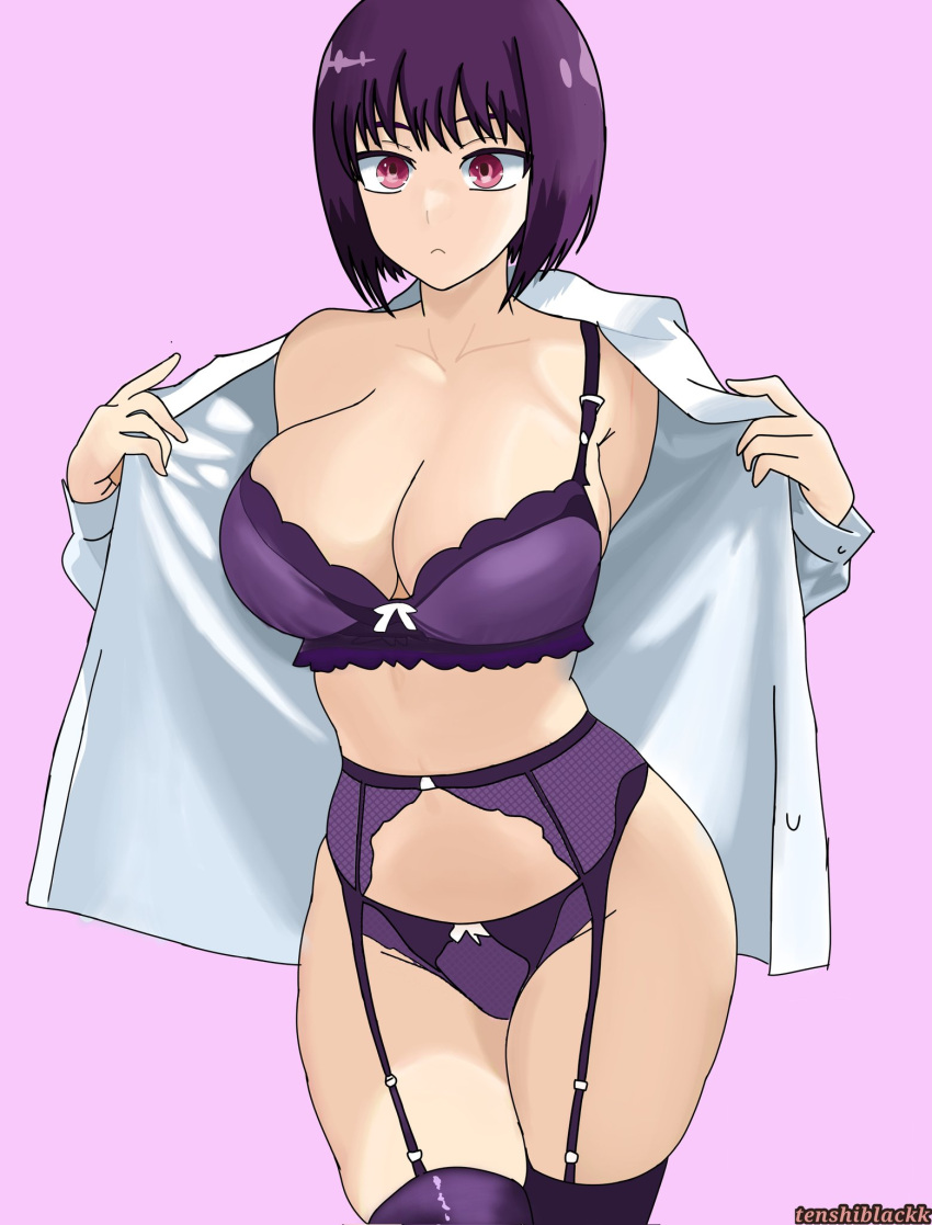 1girls alternate_version_available big_breasts breasts cleavage clothed clothing curvy female female_focus female_only flashing hana_sunomiya hi_res highres lingerie looking_at_another looking_at_viewer medium_hair open_shirt partially_clothed pink_eyes please_don't_bully_me,_nagatoro pose purple_hair revealing_clothes shirt_open simple_background solo solo_female standing stockings tenshiblackk wide_hips