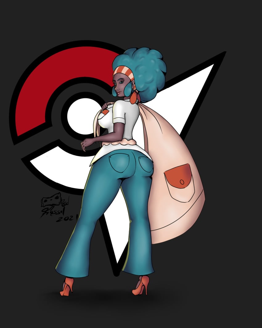 1girls afro big_breasts dark-skinned_female dark_skin female_only green_eyes green_hair hairband heels high_heels huge_ass lenora_(pokemon) nintendo pokemon pokemon_bw r3dfossil