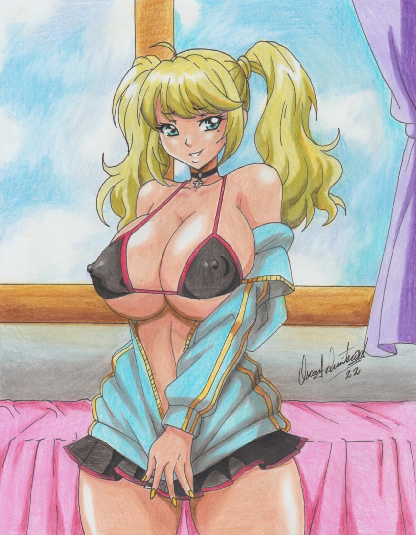 1girls 2022 2d 2d_(artwork) anime_style areola areolae areolae_visible_through_clothing bed bedroom big_breasts black_bikini blonde_female blonde_hair blue_eyes bra breasts clothed clothing curtains ecchi ecchi_na_onee-chan_ni_shiboraretai erect_nipples female female_only hentai huge_breasts looking_at_viewer massive_breasts megumi-chan miniskirt nipples_visible_through_clothing open_jacket open_track_jacket partially_clothed ravern_clouk skirt sky smile smiling smiling_at_viewer smirk solo t-rex_(animation_studio) thick_hips thick_legs thick_thighs window