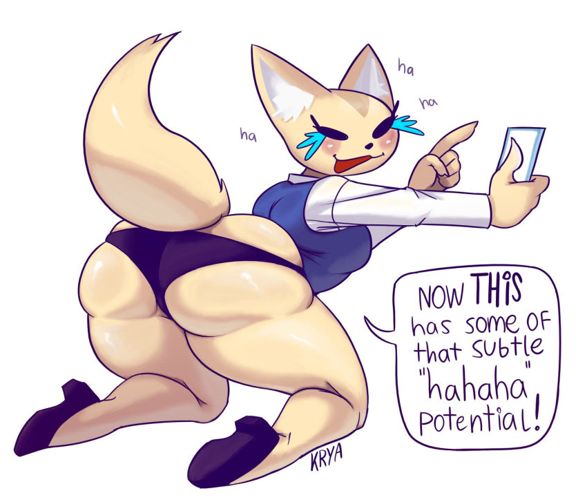 1girls aggressive_retsuko anthro ass big_ass big_breasts black_panties blush breasts clothed clothing dialogue english_text female female_only fennec fenneko fluffy_tail fox fox_ears fox_tail fur furry furry_only kryadrawgin large_ass large_breasts laughing looking_at_viewer looking_back panties sanrio smooth_fur solo solo_female tail text text_bubble thick thick_ass thick_thighs thighs