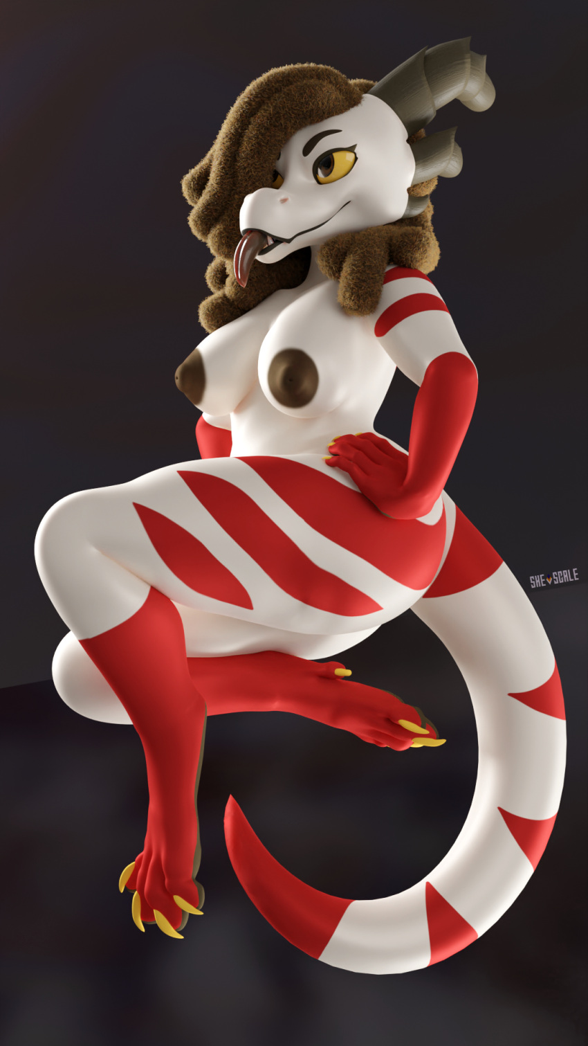 3d_(artwork) 4_toes anthro ass big_breasts big_butt breasts brown_hair chubby_female claws digital_media_(artwork) dragon dreadlocks feet female hair hi_res lizard nipples nude reptile scalie she_scale slightly_chubby solo striped_body stripes thick_thighs toe_claws toes white_body wingless_dragon zynga_(she_scale)