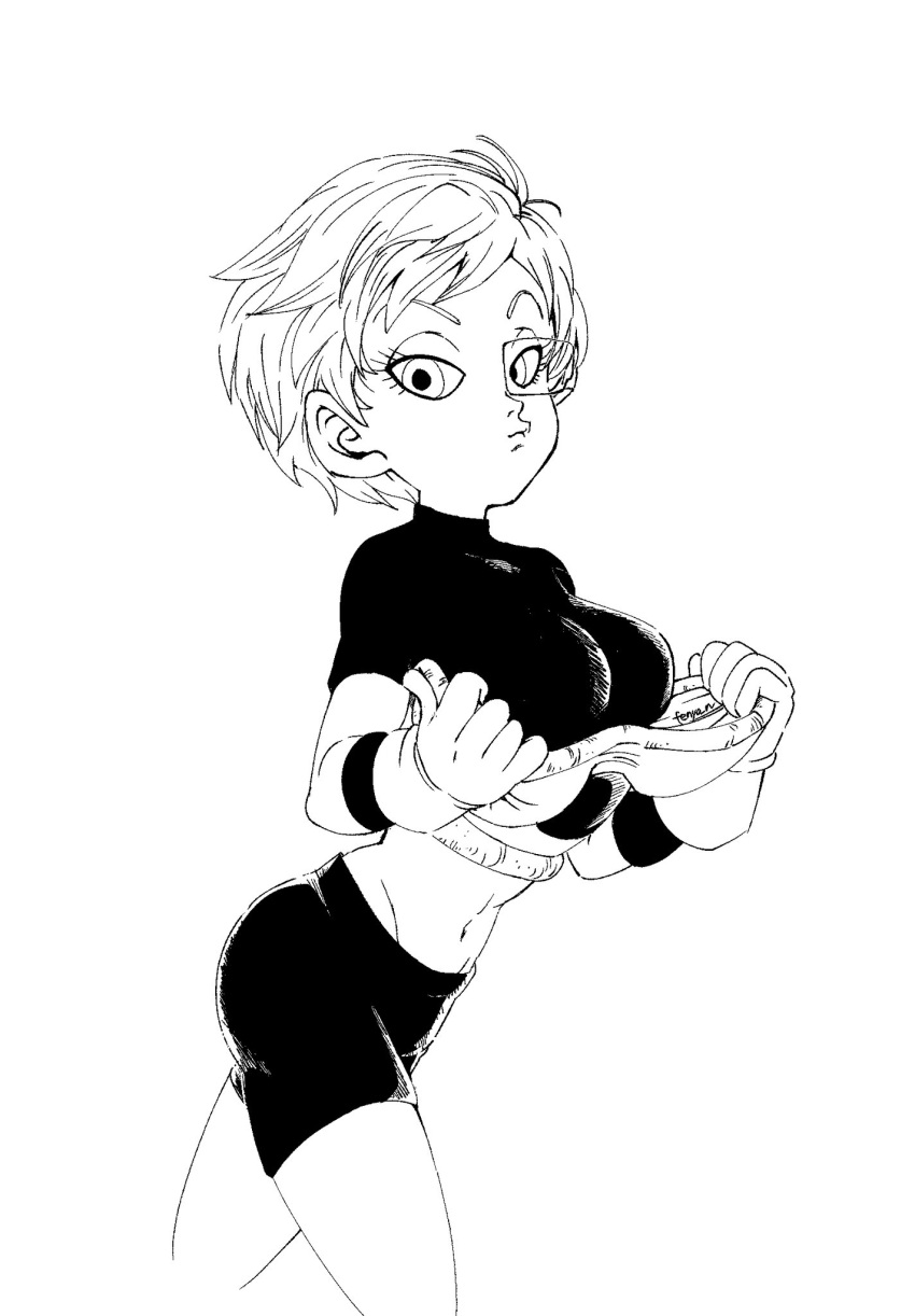 1girls big_breasts bike_shorts busty cheelai dragon_ball female female_only fenyon large_breasts legs looking_at_viewer midriff monochrome navel short_hair solo thighs voluptuous