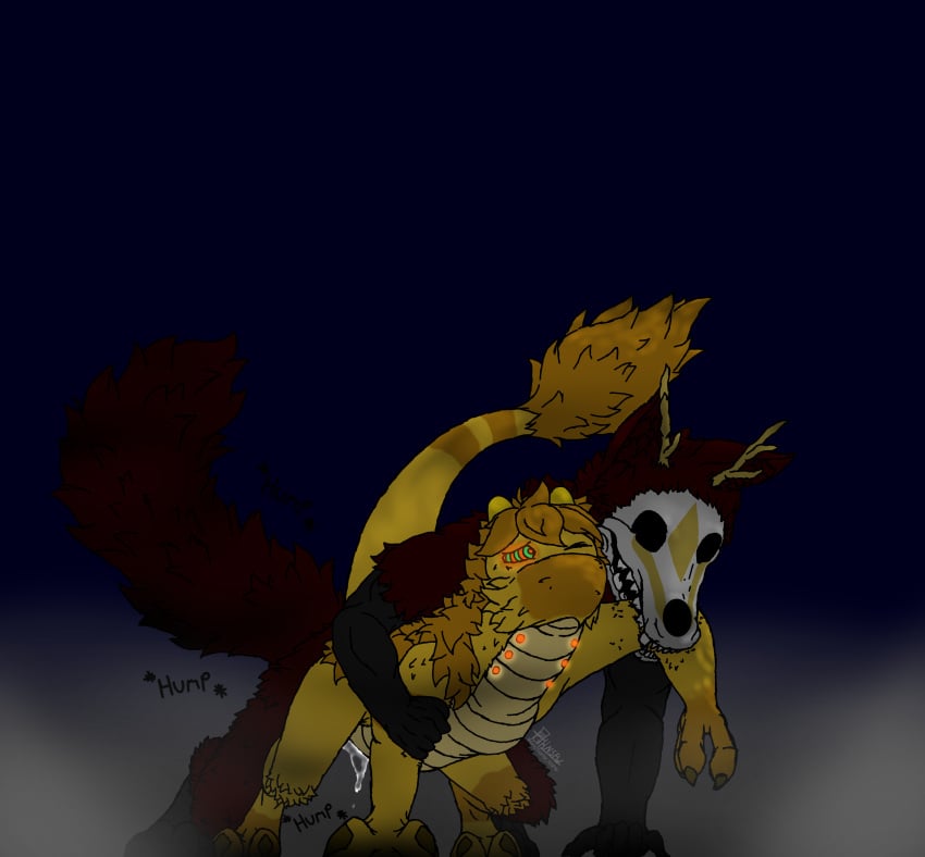 absurd_res bite biting_arm bodily_fluids bone cum dragon duo female fluffy fluffy_tail flute_dragon genital_fluids grayson_(sajay) hi_res kerstin_(sajay) male male/female pained_expression sajay sex skinwalker skull skull_head tail