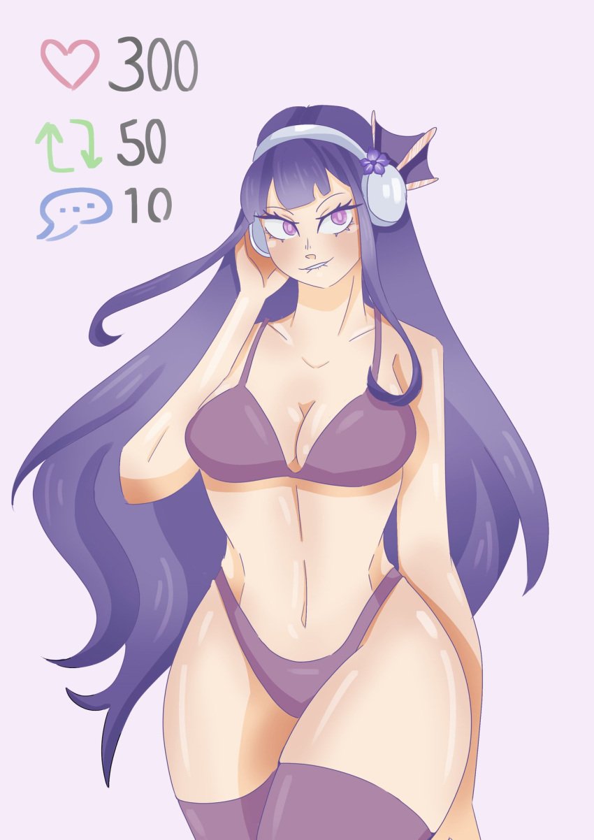 biting_lip biting_own_lip breasts cleavage comment_icon female female_only genshin_impact heart_icon long_hair number numbers purple_eyes purple_hair raiden_shogun retweet_icon shiny_skin snookfluff strip_game text thighs