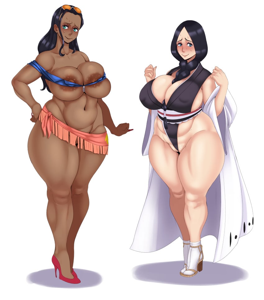 2girls areola areola_slip areolae big_breasts bleach blush breast_spill breasts breasts_squish dark-skinned_female dark_skin embarrassed erect_nipples female female_only hand_on_hip heels high_heels huge_breasts light-skinned_female light_skin long_nails mature_female microskirt midriff miniskirt multiple_girls nico_robin one_piece post-timeskip pussy_peek shaved_crotch shaved_pussy shounen_jump skindentation small_clothes squished_breasts sunnysundown sweatdrop sweating swimsuit thick_ass thick_thighs unohana_retsu venus_body white_background wide_hips