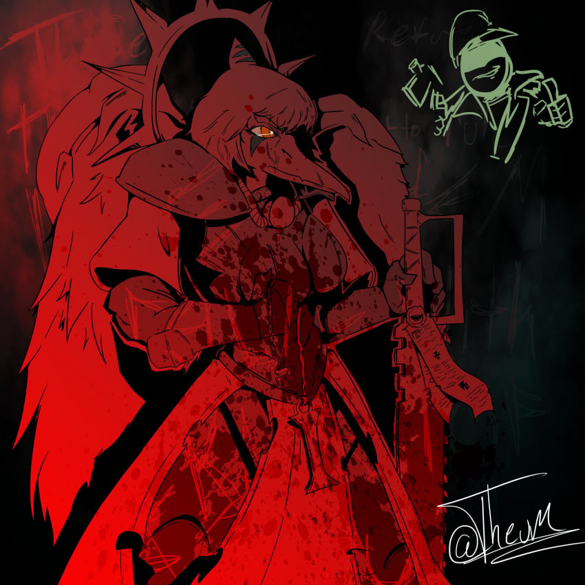 absurd_res adepta_sororitas anthro armor blood blood_on_clothing blood_on_hand blood_splatter bodily_fluids clothing covered_in_blood dinosaur fang_(gvh) feathered_wings feathers female goodbye_volcano_high hair hi_res imperium_of_man long_hair long_snout melee_weapon orange_eyes pterodactylus pterosaur reptile scalie sister_of_battle snoot_game snout solo sword theumslayer warhammer_(franchise) warhammer_40k weapon wings