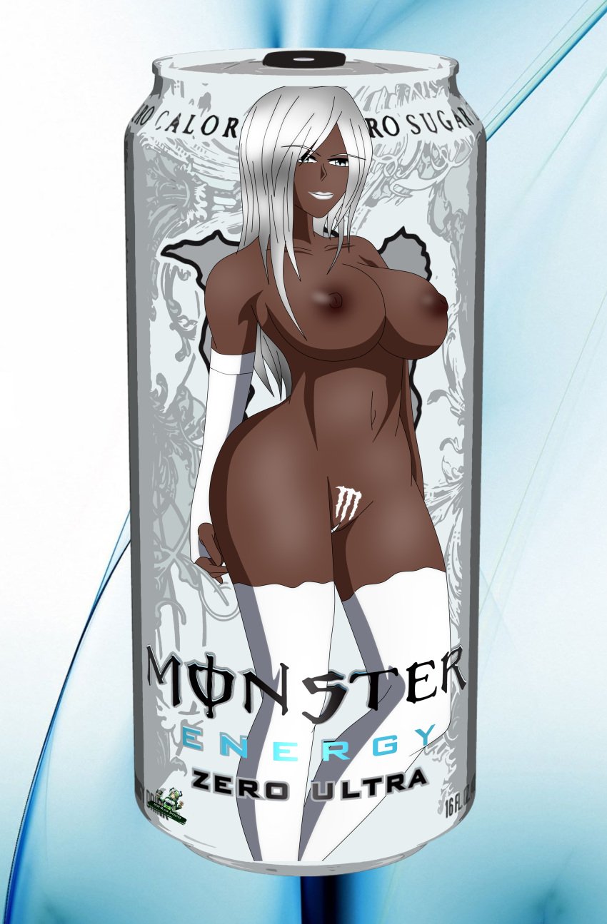 big_breasts blue_eyes breasts can completely_nude completely_nude_female dark-skinned_female female monster-chan monster_energy monster_energy-chan monster_energy-san monster_energy_drink noir-black-shooter original original_character silver_eyes silver_hair snow white_hair