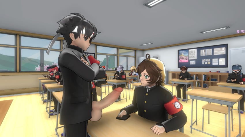 3d big_penis black_hair brown_hair budo_masuta classroom cmnm erection exhibitionism exposed_penis male_only penis_out public public_exposure reapys school shoku_tsuburaya yandere_simulator