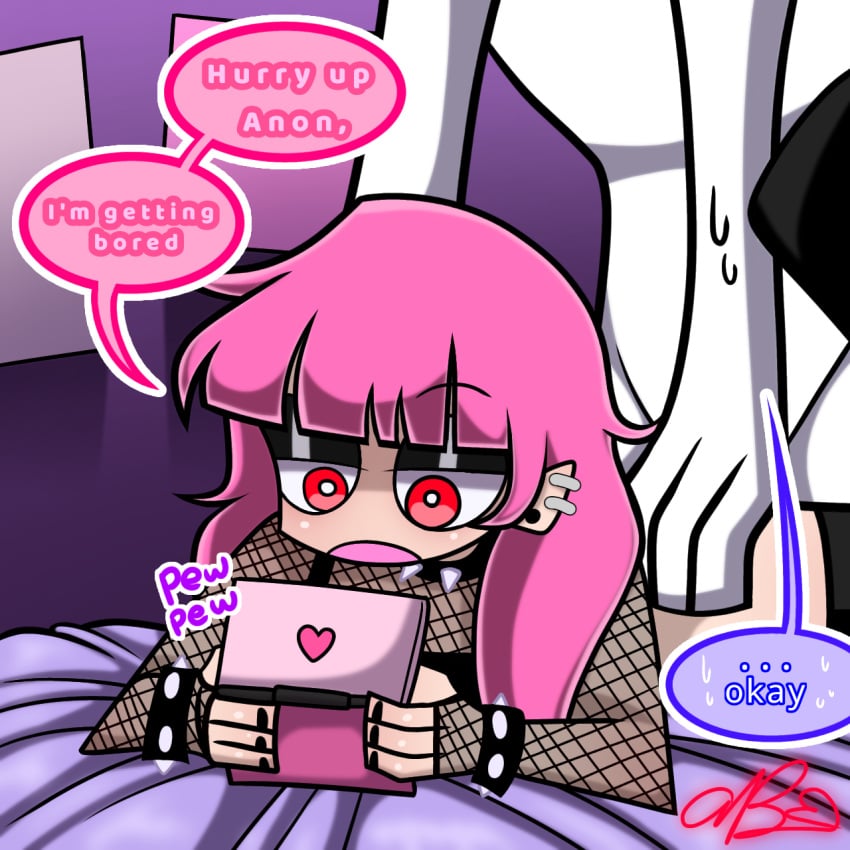 anime anon artist_self-insert artist_signature choker cute_deth cute_deth(artist) cute_deth(character) emo emo_girl fishnets nintendo_ds panty_&_stocking_with_garterbelt pink_hair red_eyes self_insert spiked_bracelet stockings