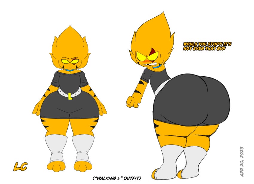 alien angry annoyed anthro anthro_only bare_shoulders belt belt_buckle clothed collar dialogue dress fangs femboy feminine_male fully_clothed gap_teeth huge_ass huge_butt looking_back lwd_cartoonz male male_only neil_lash orange_fur scar_across_eye spiky_hair striped_body sweater sweater_dress thick_hips thick_legs thick_thighs tight_clothing yellow_eyes