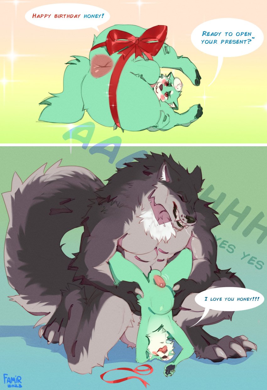 absurd_res anthro anthro_on_anthro anthro_penetrated anthro_penetrating anthro_penetrating_anthro anus balls canid closed_eyes duo english_text erection famir_(artist) fangs fur genitals glistening glistening_eyes green_balls green_body green_fur green_perineum grey_body grey_fur grin hi_res humanoid_genitalia humanoid_penis lying male male/male male_penetrated male_penetrating male_penetrating_male mammal nude on_side penetration penis perineum presenting presenting_anus red_eyes red_penis ribbons sex size_difference smile species_request speech_bubble teeth text