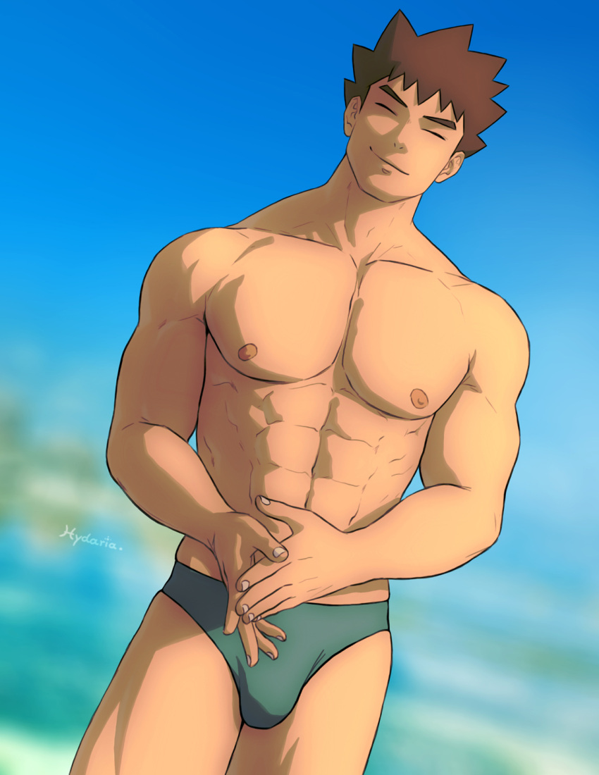 1boy abs artist_name artist_signature athletic athletic_male bara beach big_bulge big_pecs brock_(pokemon) brown_hair bulge closed_eyes fit fit_male green_speedo human human_only hydaria male male_focus male_nipples male_only muscles muscular muscular_male nipples pecs pectorals pokemon six_pack smirk smirking smirking_at_viewer speedo speedo_only standing swimwear swimwear_only