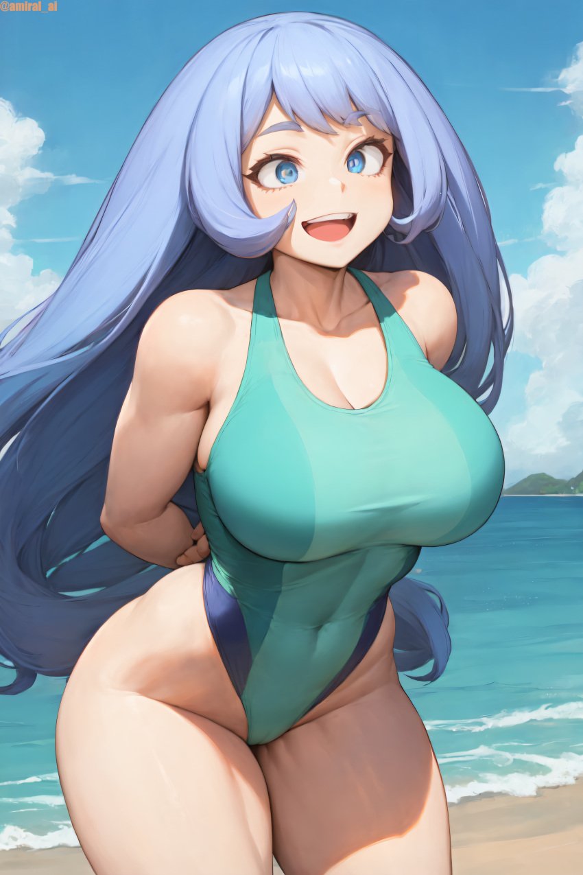 1girls ai_generated amiral_ai beach blue_eyes blue_hair breasts competition_swimsuit female highleg_swimsuit hips huge_breasts light-skinned_female light_skin long_hair my_hero_academia nejire_hado one-piece_swimsuit outdoors swimsuit thick_thighs thighs wide_hips