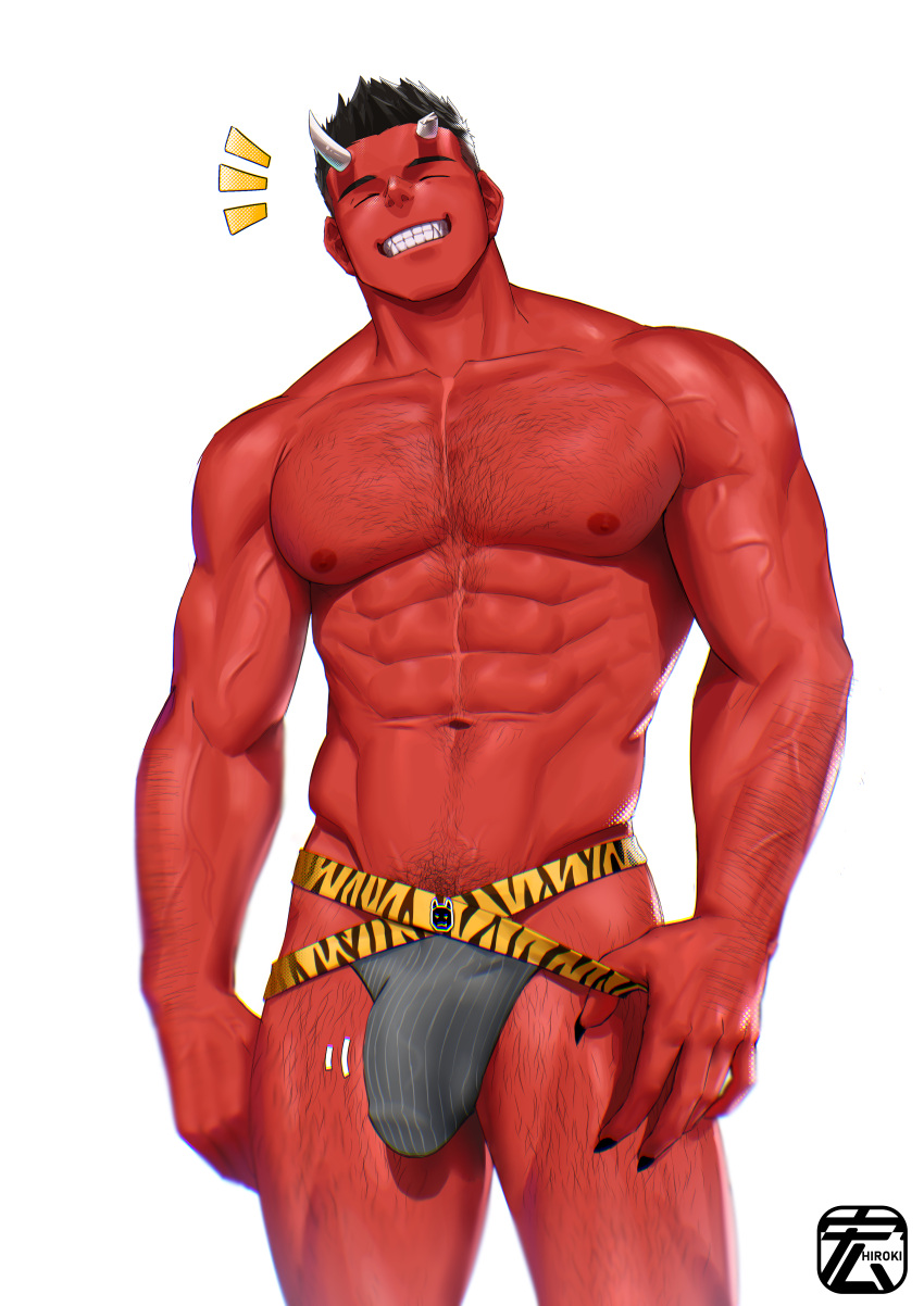 balls bara bulge closed_eyes hiroki_bzdsk horns japanese_mythology jockstrap jockstrap_only male male_only muscles muscular mythology oni oni_horns penis red_body red_oni red_skin smiling solo solo_male