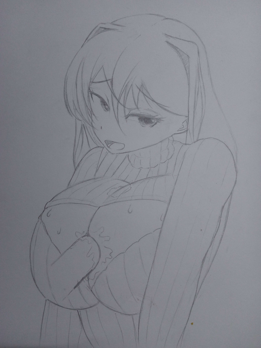 1boy 1girls artist_unknown big_breasts bodily_fluids breast_cutout breasts cleavage cleavage_cutout clothes clothing cock cutout doki_doki_literature_club female hair_intakes male mouth_open open_mouth paizuri paizuri_under_clothes penis sweat sweatdrop sweatdrops sweater sweating unknown_artist unknown_source yuri_(doki_doki_literature_club)