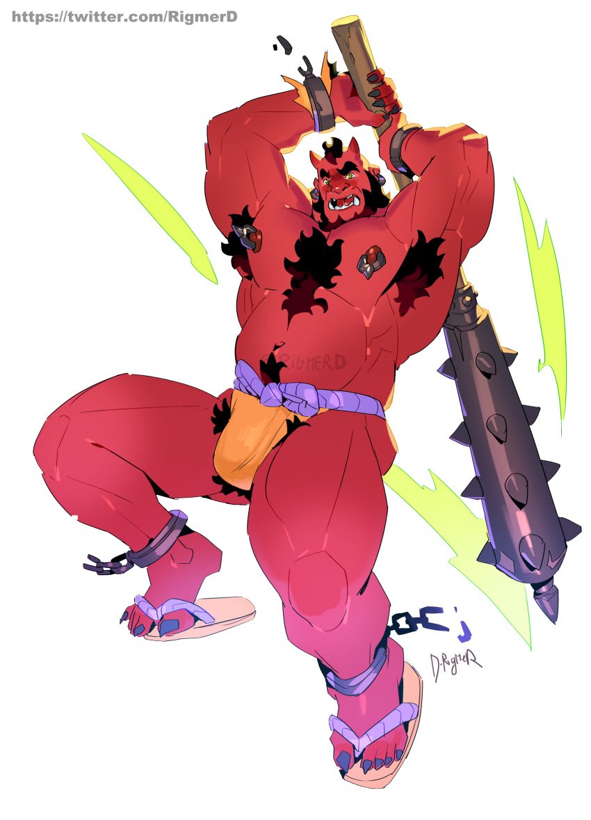 armpit_hair balls bara blush bulge chest_hair club_(weapon) horns japanese_mythology male male_only muscles muscular mythology nipple_piercing oni oni_horns penis red_body red_oni red_skin rigmerd sandals solo solo_male spiked_club