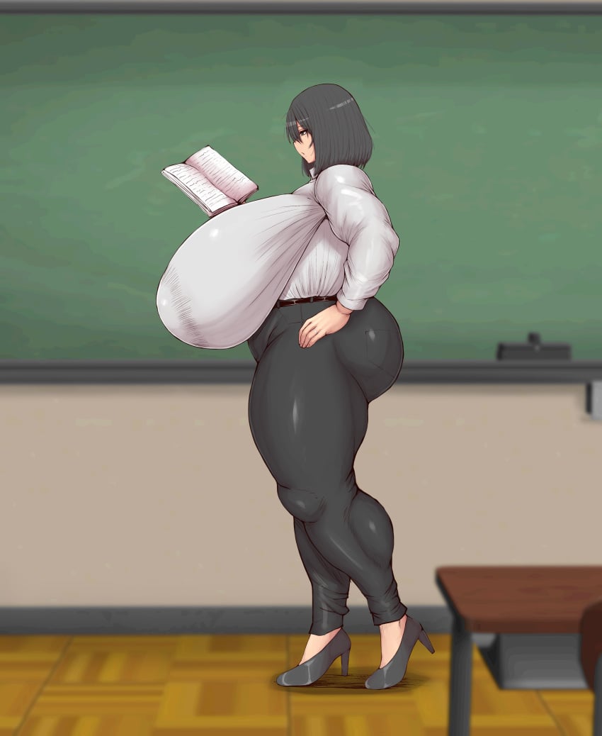 beauty_mark black_eyes black_hair book classroom female female_focus female_teacher full_body fully_clothed gigantic_breasts hand_on_hip high_heels huge_ass impossible_clothes married milf mole mole_under_eye nipples_visible_through_clothing original_character plump ponkotsuu reading_book ring saori_kiriyama teacher thick_ass thick_thighs venus_body wedding_ring