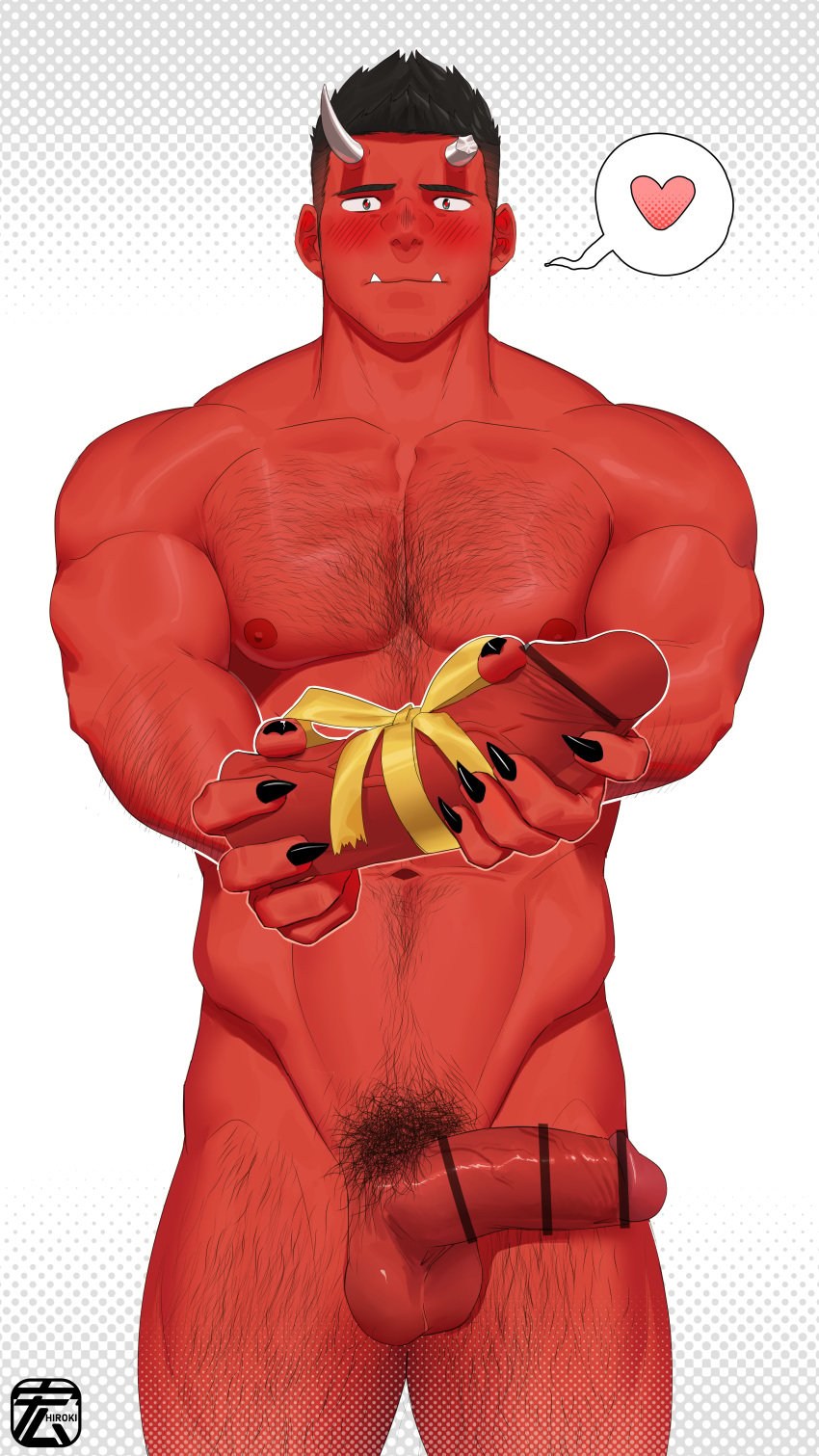 balls bara blush boner censored_penis dildo erection hiroki_bzdsk horns japanese_mythology male male_only muscles muscular mythology nude oni oni_horns penis red_body red_oni red_skin solo solo_male