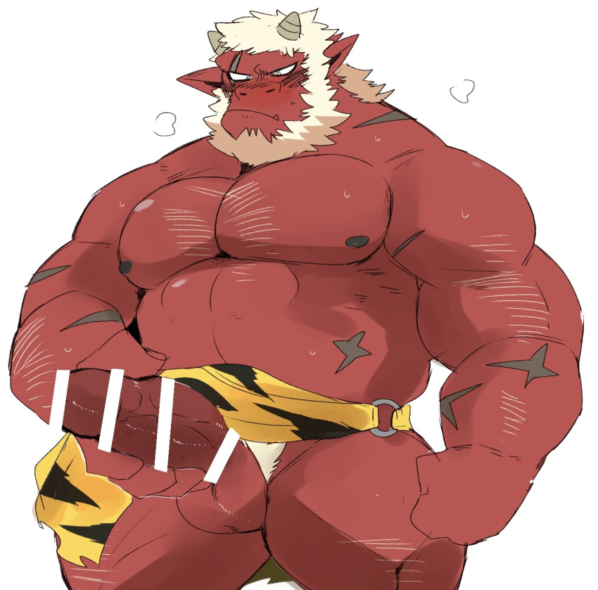 balls bara beard blush boner censored_penis erection facial_hair horns hyaku_(artist) japanese_mythology loincloth male male_only masturbation muscles muscular mythology oni oni_horns penis red_body red_oni red_skin solo solo_male