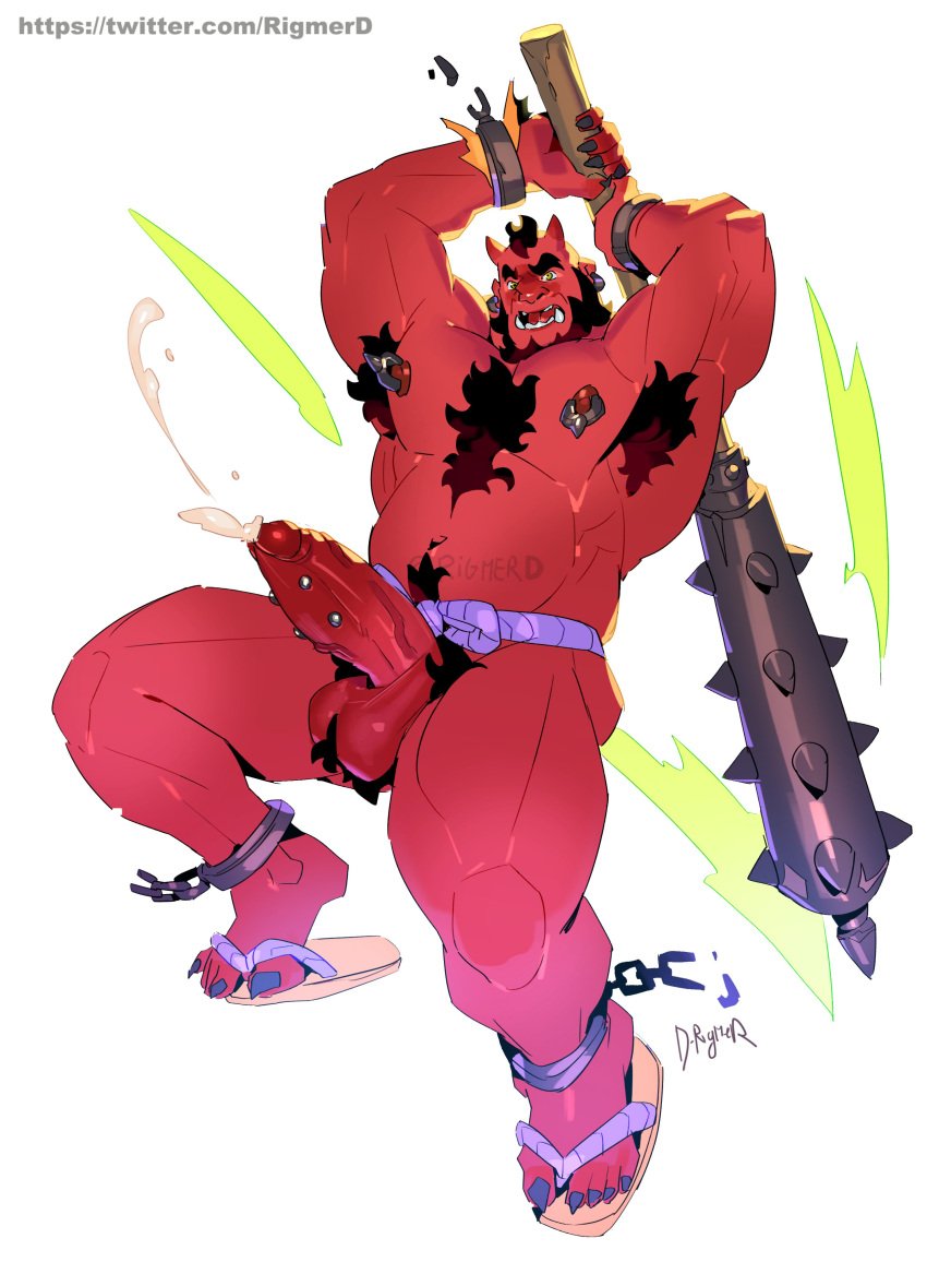 armpit_hair balls bara big_penis blush boner chest_hair club_(weapon) cum erection horns japanese_mythology male male_only muscles muscular mythology nipple_piercing oni oni_horns orgasm penis penis_piercing red_body red_oni red_skin rigmerd sandals solo solo_male spiked_club