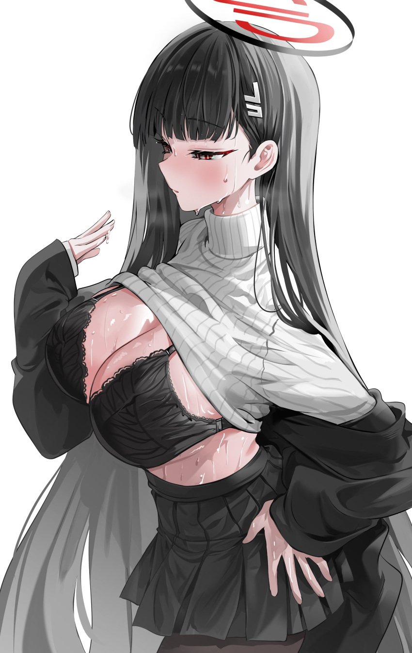 1girls airing_out artist_request big_breasts black_and_red_halo black_hair blue_archive blush bra dark_hair female female_only hairclip halo light-skinned_female light_skin long_hair looking_away millennium_science_school_student miniskirt pale-skinned_female pale_skin red_eyes rio_(blue_archive) schoolgirl seminar_(blue_archive) seminar_president shirt_lift solo student_council_president sweat sweater sweating sweaty sweaty_body tagme_(artist) tsukatsuki_rio white_pupils