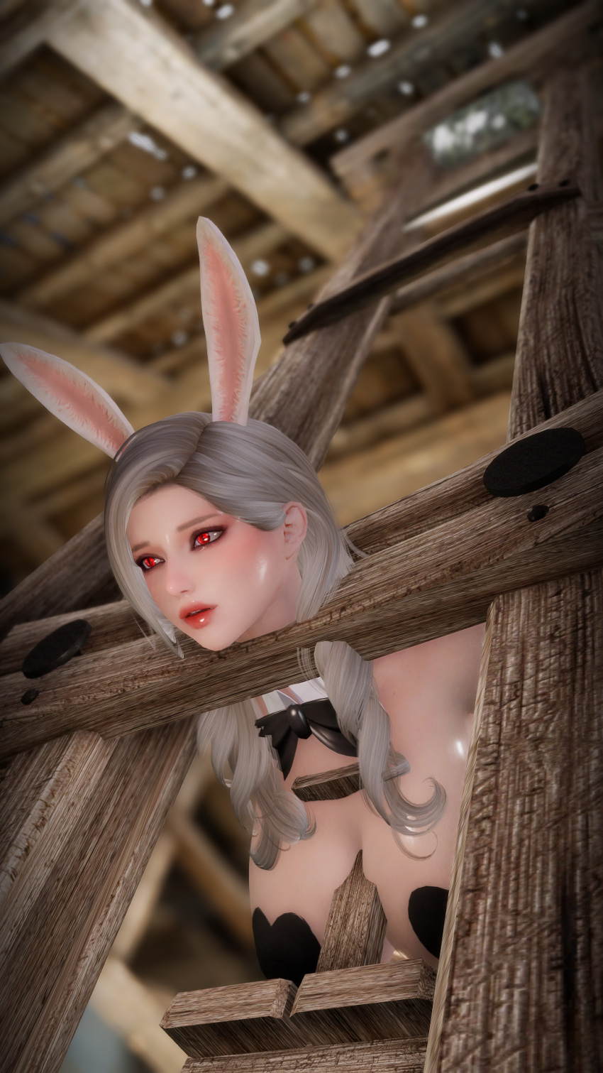 bunny_ears execution guillotine heart_pasties huge_breasts impending_death red_eyes silver_hair skyrim the_elder_scrolls