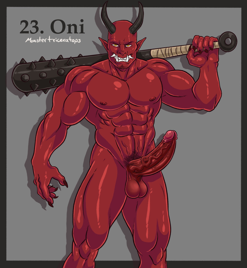 balls bara boner club_(weapon) erection horns japanese_mythology male male_only muscles muscular mythology nude oni oni_horns penis pointy_ears red_body red_oni red_skin solo solo_male spiked_club triceramonster