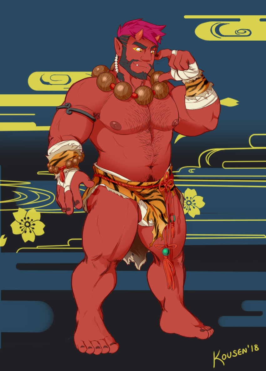 1boy 2018 abs ballsack bara beard beefy black_hair body_hair braided_hair bulge demon facial_hair horns humanoid japanese_mythology kousen loincloth magenta_hair male male_nipples male_only male_pubic_hair masculine mature_male muscles muscular_male mustache mythology necklace no_visible_genitalia oni oni_horns orange_eyes pecs penis rat_tail_(hairstyle) red_body red_oni red_skin scrotum solo