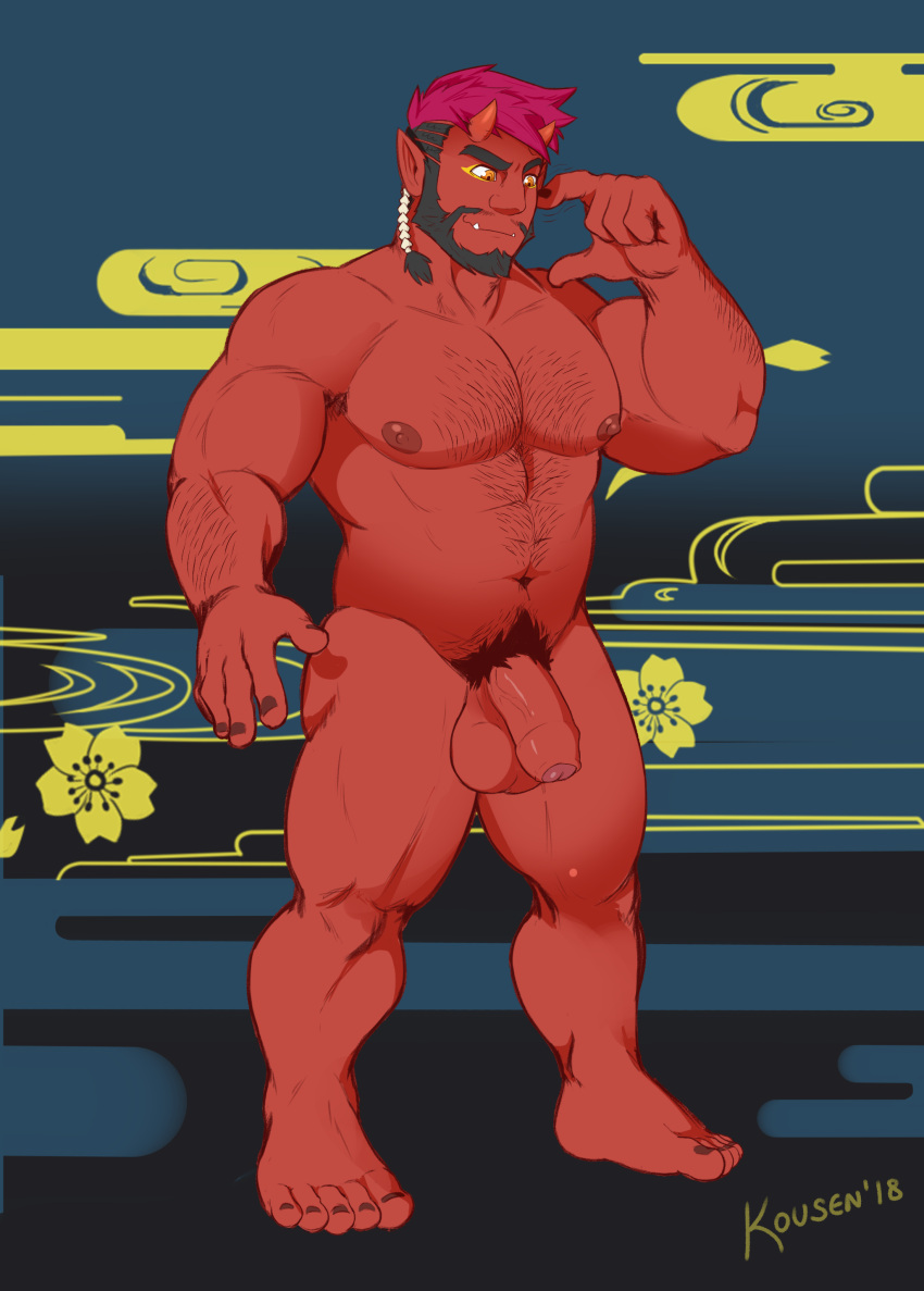 1boy 2018 abs balls ballsack bara beard beefy black_hair body_hair braided_hair demon facial_hair foreskin horns humanoid humanoid_penis intact japanese_mythology kousen magenta_hair male male_nipples male_only male_pubic_hair masculine mature_male muscles muscular_male mustache mythology nude_male oni oni_horns orange_eyes partially_retracted_foreskin pecs penis rat_tail_(hairstyle) red_body red_oni red_skin scrotum semi-erect solo testicles uncut veiny_penis