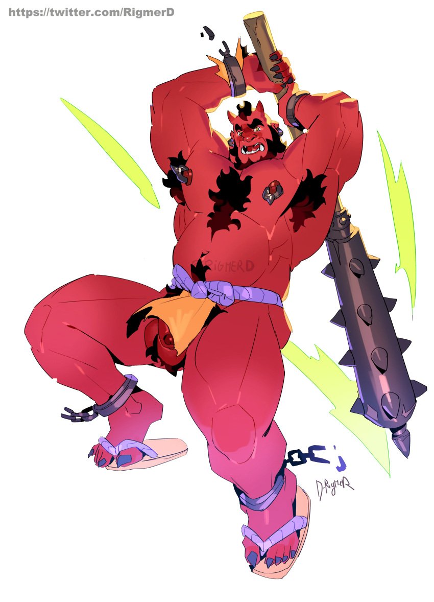 armpit_hair balls bara blush chest_hair club_(weapon) horns japanese_mythology loincloth male male_only muscles muscular mythology nipple_piercing oni oni_horns penis red_body red_oni red_skin rigmerd sandals solo solo_male spiked_club