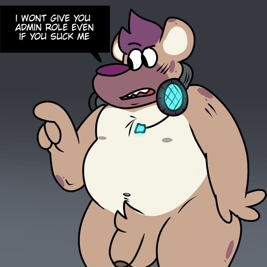 anthro balls fur genitals headgear headphones headset hi_res hyena janja_(janjauwu) janjauwu male mammal nude overweight overweight_anthro overweight_male penis solo speech_bubble spots spotted_body spotted_fur text thick_thighs