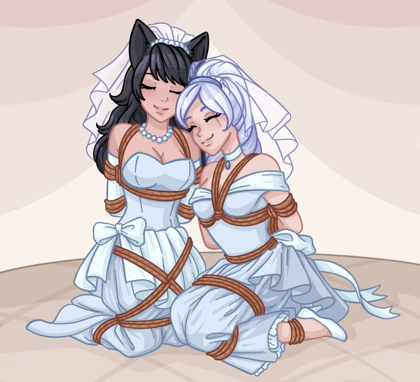 arms_behind_back blake_belladonna bondage bound bride catgirl cleavage closed_eyes collar ext1nct1ion female female_only femsub fully_clothed happy heels high_heels implied_marriage kneeling loving multiple_girls multiple_subs rope ropes rwby slave smile wedding_dress weiss_schnee white_hair wholesome