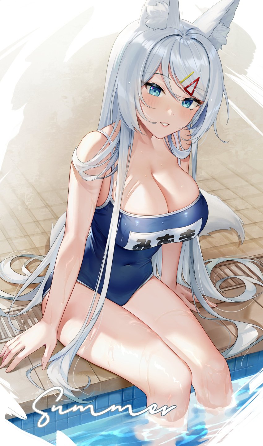 1girls animal_ears aqua_eyes big_breasts blush blushing_at_viewer breasts cleavage female female_only gradient_background hairclip hi_res highres illian0919 large_breasts legs legs_together light-skinned_female light_skin long_hair looking_at_viewer meridian_project mizuki_(vtuber) name_tag one-piece_swimsuit pool poolside shaded sitting straight_hair swimming_pool swimsuit virtual_youtuber white_hair