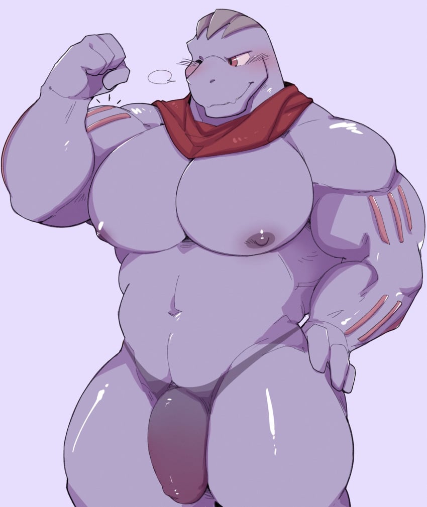 anthro balls bara blue_hair blue_skin blush flexing hand_on_hip machoke male male_only muscles muscular nintendo nude one_eye_closed penis pokemon pokemon_(species) scarf scarf_only seintaur solo solo_male