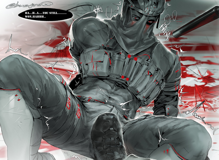 abs blood blood_stain boner bue_june clothing foot_fetish hard_on könig konig mask military red_eyes stepped_on stepping_on_penis text_bubble