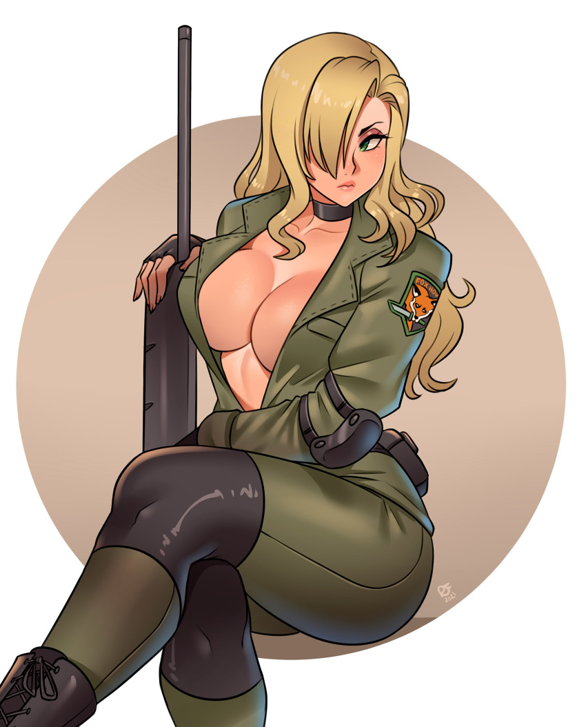 1girls absurdres black_footwear black_gloves blonde_hair boots breasts choker cleavage collarbone cross-laced_footwear emblem female fingerless_gloves fox fox_hound gloves green_eyes gun h&k_psg1 hair_over_one_eye highres knife lace-up_boots large_breasts lips long_hair looking_away metal_gear_(series) metal_gear_solid military_uniform ravenousruss rifle sniper_rifle sniper_wolf solo uniform weapon