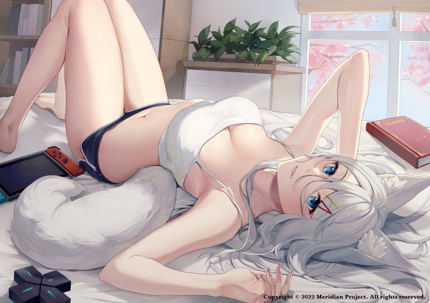 1girls animal_ears animal_tail aqua_eyes bed belly belly_button big_breasts blush blushing_at_viewer breasts detailed_background female female_only hair_between_eyes hair_ornament hairclip illian0919 large_breasts legs legs_together looking_at_viewer lying lying_on_bed meridian_project mizuki_(vtuber) navel nintendo_switch on_bed pants shorts tank_top transparent_clothing virtual_youtuber