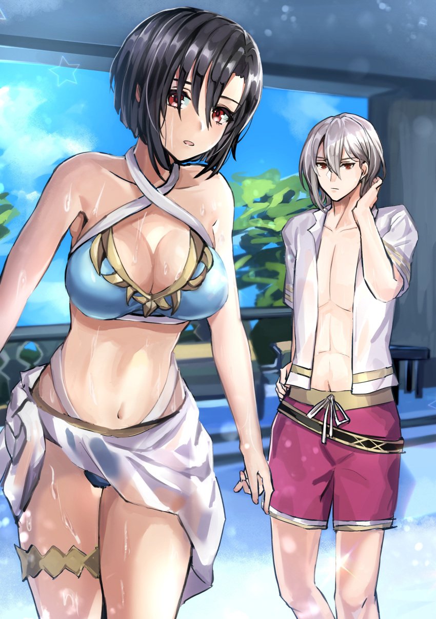 1boy 1girls abs absurdres alternate_costume bikini black_hair blue_bikini blue_swimsuit breasts cleavage female female fire_emblem fire_emblem_engage highres large_breasts male nel_(fire_emblem) nintendo rafal_(fire_emblem) red_eyes sarong shirt short_hair swimsuit thigh_strap togo2828 wet wet_clothes wet_hair white_hair white_shirt