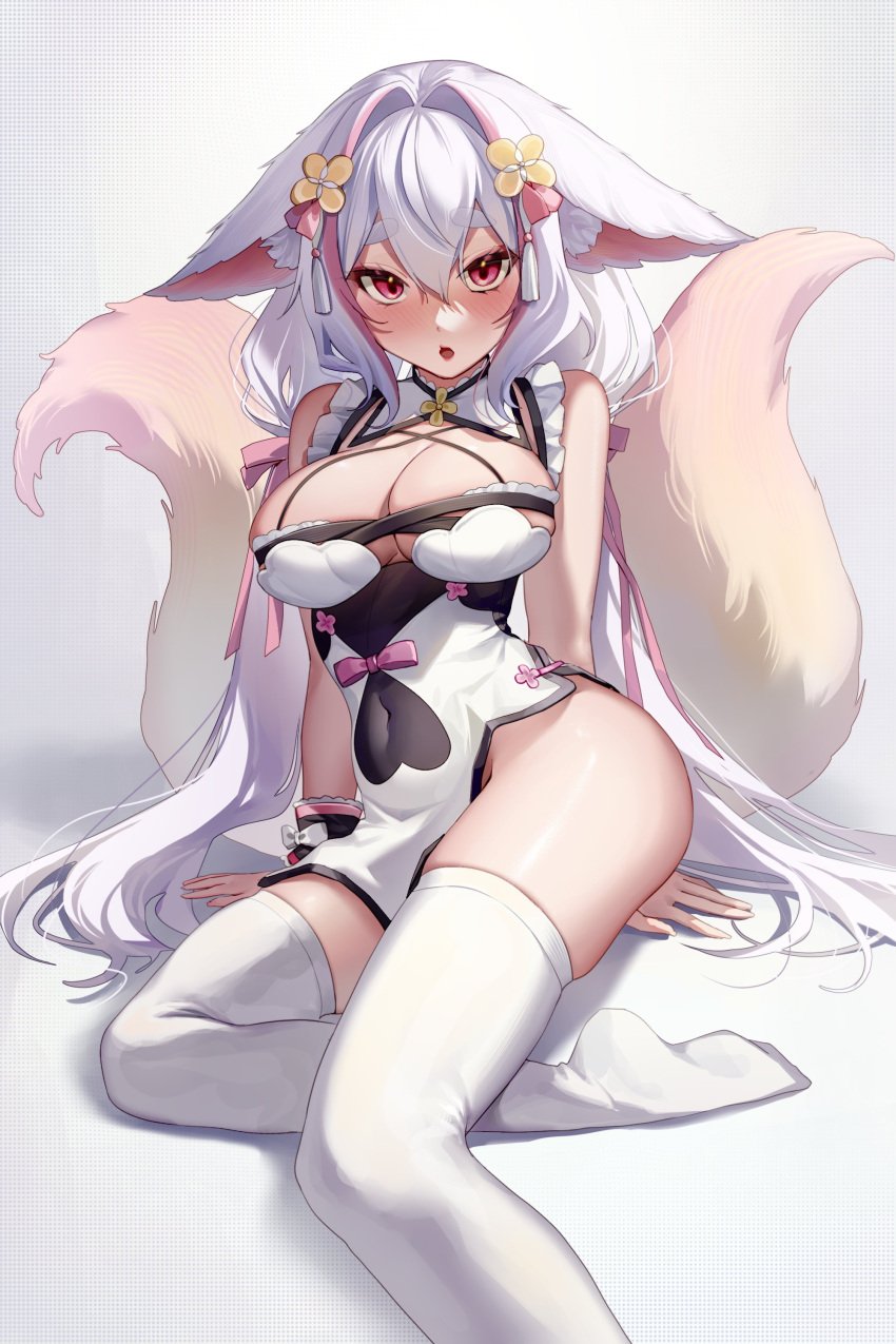 1girls :o animal_ears animal_tail big_breasts blush blushing_at_viewer breasts chinese_clothes cleavage cleavage_overflow clothed clothed_female fox_ears hair_between_eyes hair_ornament iitifox illian0919 large_breasts legwear light-skinned_female light_skin long_hair looking_at_viewer meridian_project red_eyes shaded shaded_background simple_background stockings tail thick_eyebrows thick_thighs thighhighs thighs virtual_youtuber white_hair white_legwear