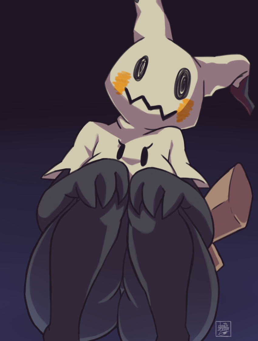 black_skin clothed dark_skin deathzera fanart female front_view hands_on_knees hands_on_legs hi_res looking_at_viewer mimikyu monster_girl nintendo partially_clothed pokemon pokemon_(species) sitting smile solo thick_thighs watermark