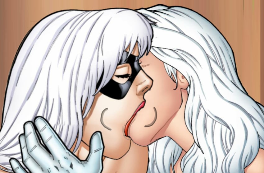 2girls black_cat_(marvel) cheek_bulge closed_eyes deep_kiss edit felicia_hardy female female_only french_kiss gloves hands_on_face headband hi_res holding_head kissing leandro_comics licking licking_inside lipstick making_out marvel marvel_comics mask multiple_girls pink_lipstick red_lipstick silver_hair silver_sable spider-man_(series) white_gloves white_hair