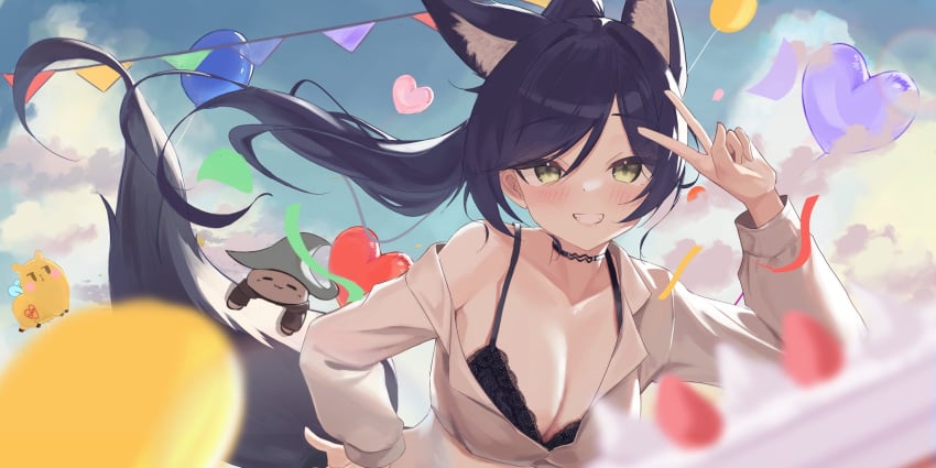 1girls animal_ears big_breasts bra breasts celebration cleavage coat coat_on_shoulders collar collarbone female fox_ears high_ponytail lace lace-trimmed_bra large_breasts long_hair meridian_project peace_sign ponytail seki_(vtuber) sky virtual_youtuber