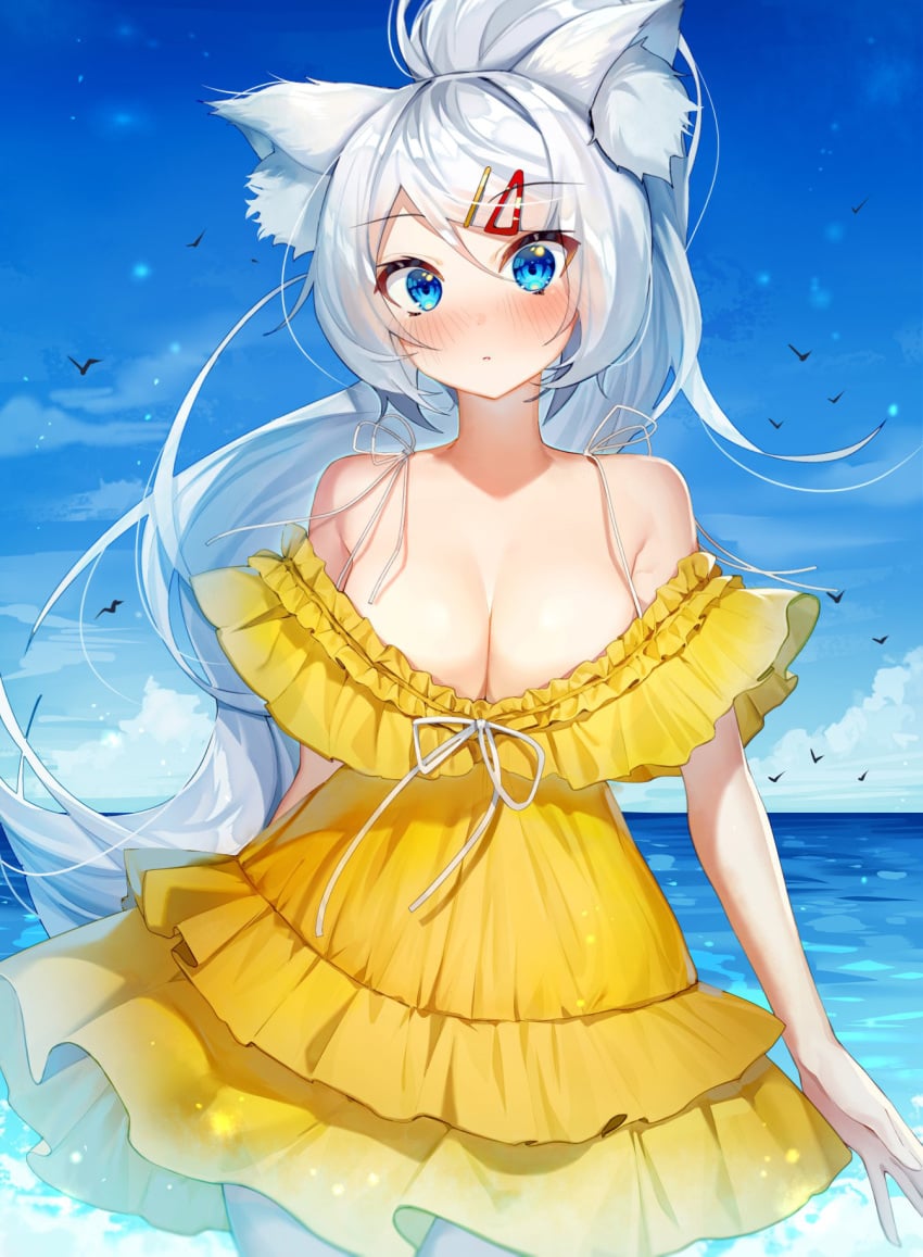 1girls big_breasts blush blush blushing_at_viewer breasts cleavage dress female female_only illian0919 large_breasts looking_at_viewer meridian_project mizuki_(vtuber) sea seaside virtual_youtuber yellow_dress