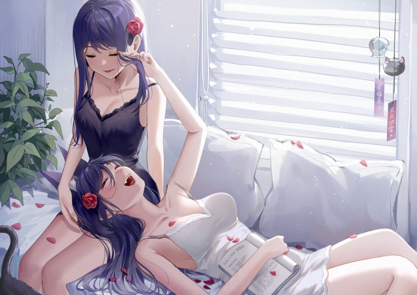 2girls animal_ears bed big_breasts black_dress breasts cleavage closed_eyes collarbone cute detailed_background dress female female_only flower_in_hair flower_petals hi_res highres illian0919 kspksp lap_pillow legs legs_together long_hair lying lying_on_bed meridian_project on_bed open_mouth purple_hair room seki_(vtuber) straight_hair tight_clothing tight_dress virtual_youtuber white_dress wholesome