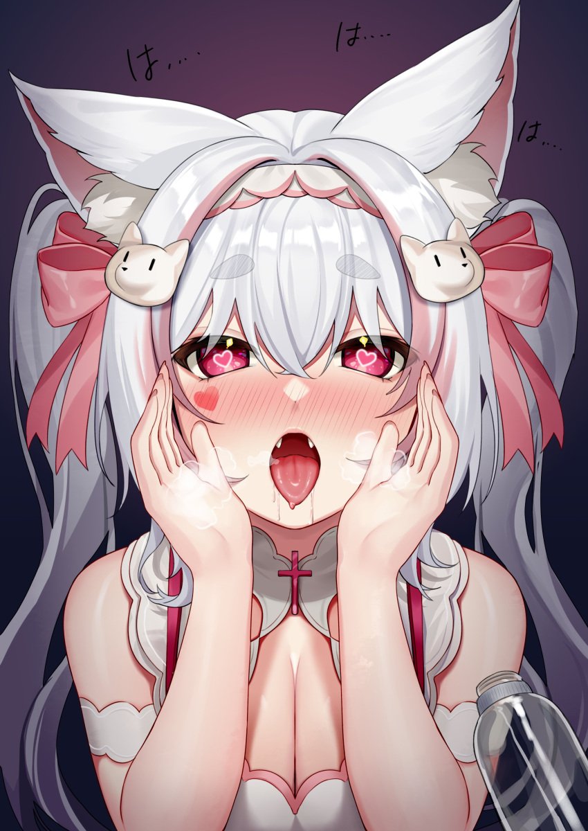 1girls animal_ears blush blush_lines blushing_at_viewer cleavage clothed clothed_female dark_background eyebrows_visible_through_hair eyelashes fangs fog hair_between_eyes hair_ornament hair_ribbon hairband heart-shaped_pupils horny_female iitifox illian0919 light-skinned_female light_skin long_hair looking_at_viewer meridian_project nurse nurse_uniform open_mouth ribbons saliva saliva_string simple_background thick_eyebrows tongue tongue_out twintails upper_body virtual_youtuber white_hair